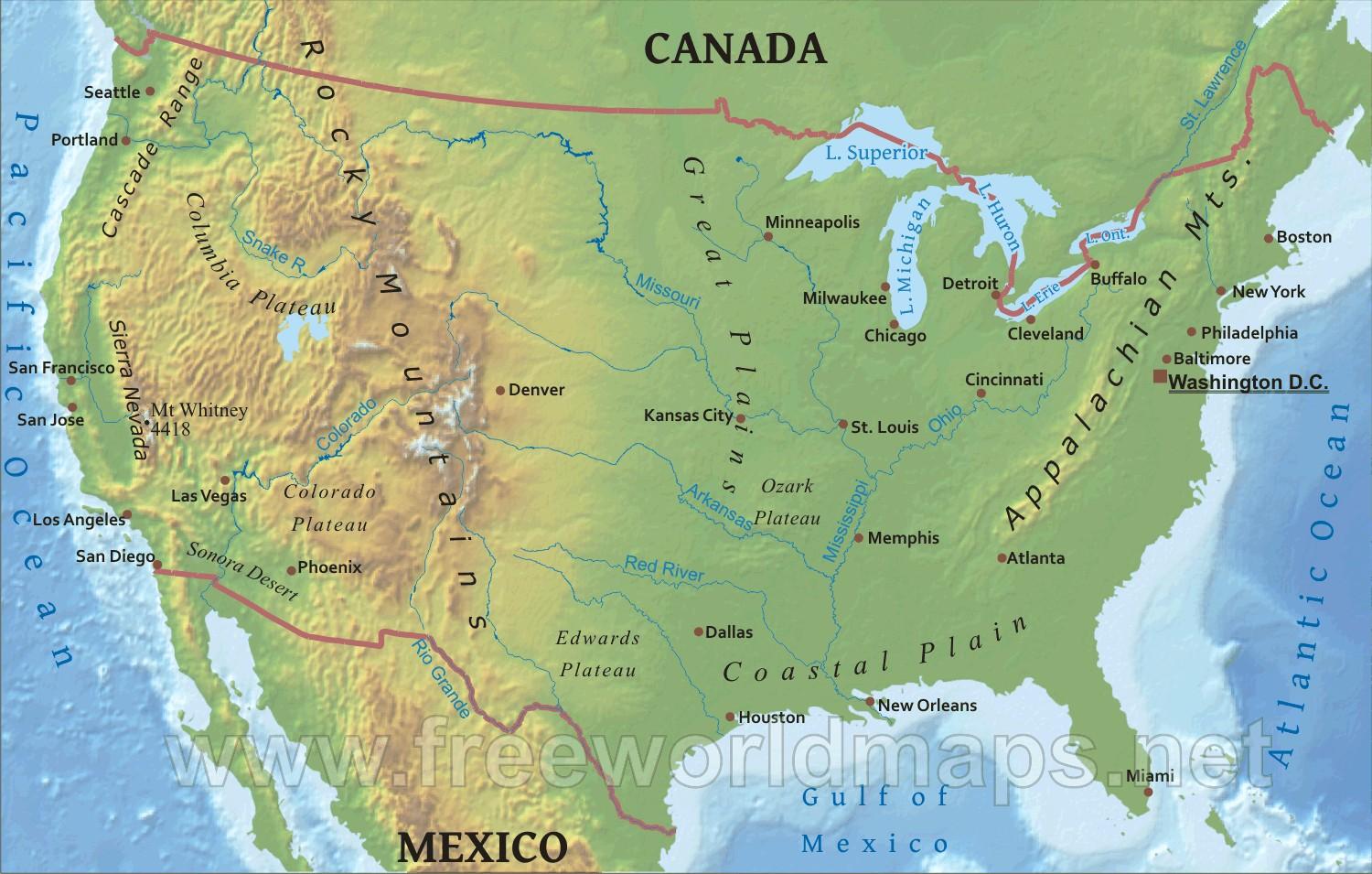 地図の山と河川の地図アメリカの川や山脈 北アメリカ ア